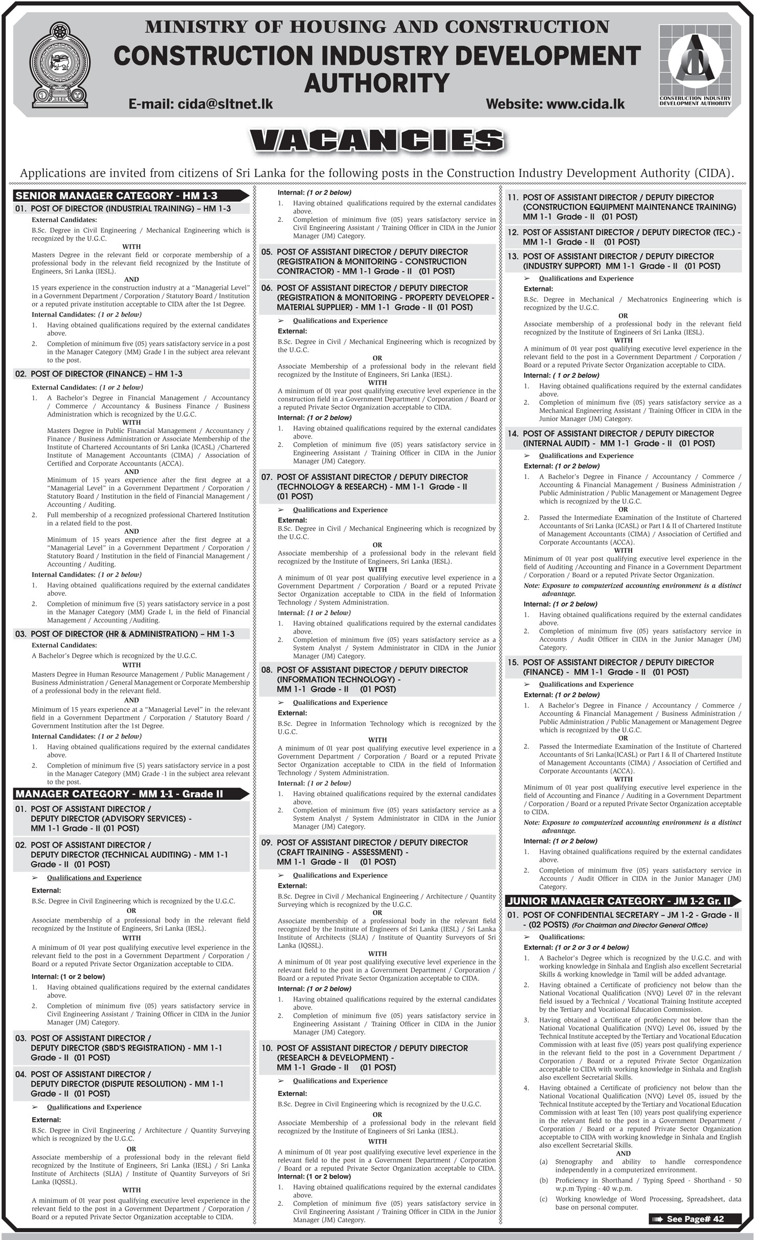 Accounts Officer, Statistical Officer, Engineering Assistant, Technical Assistant, Management Assistant, Driver, Office Aid & more Vacancies Available - Construction Industry Development Authority